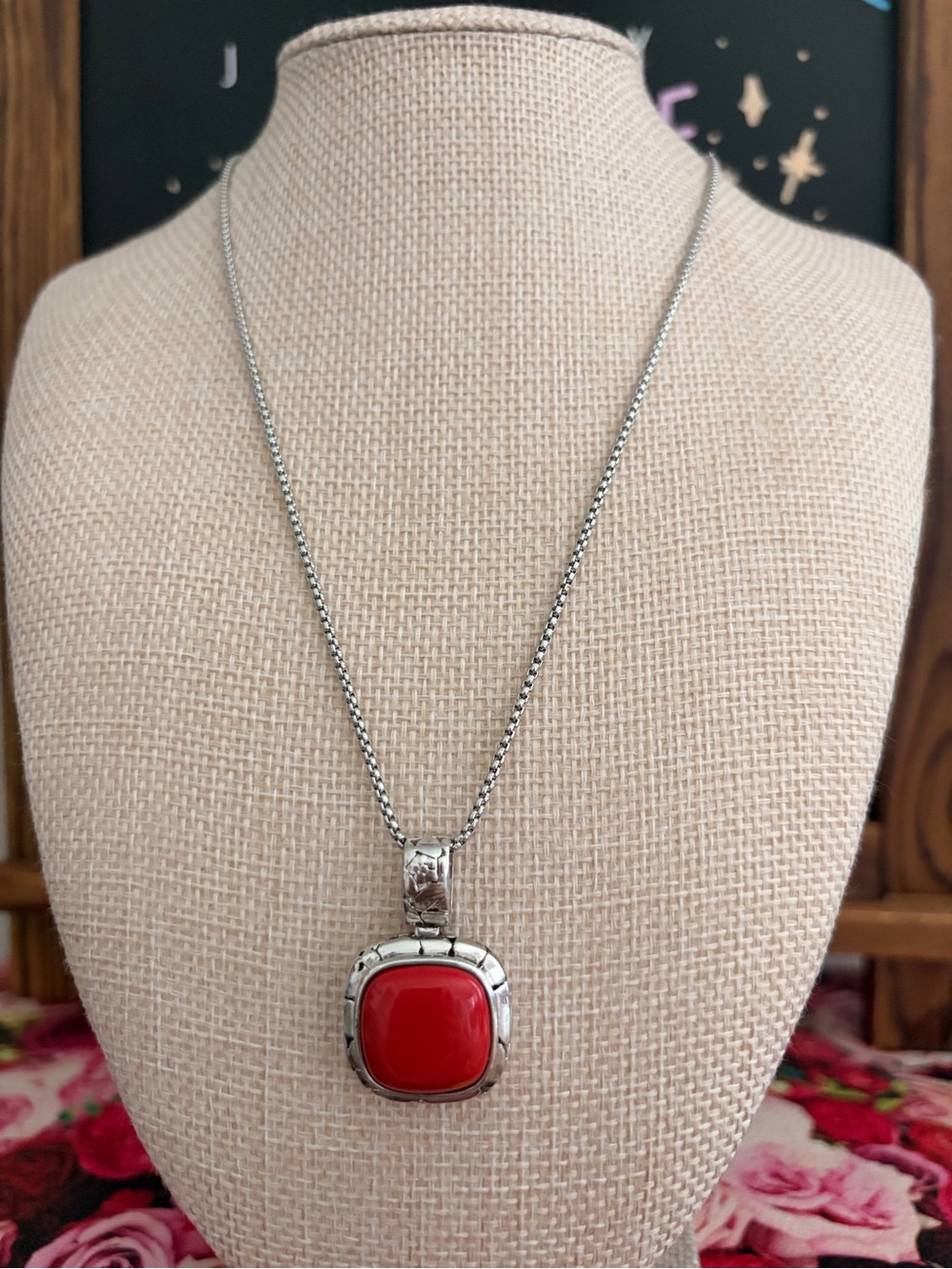 Stainless Steel Necklace with 925 Silver Red Cushion Pendant